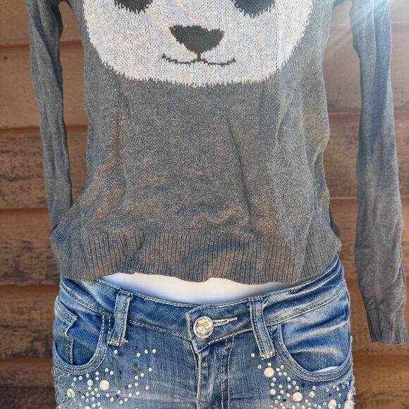 Kensie Gray Long Sleeve Sweater With Panda Face Graphic Womens Size S Cotton Ble - Picture 6 of 9